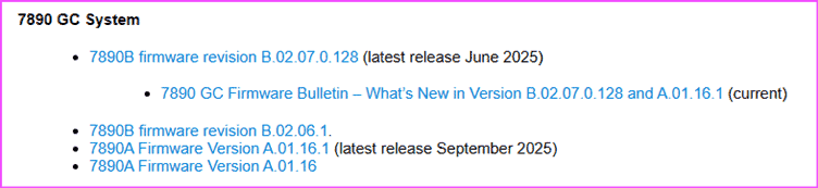 Agilent GC firmware list showing the latest firmware available for the Agilent 7890 model