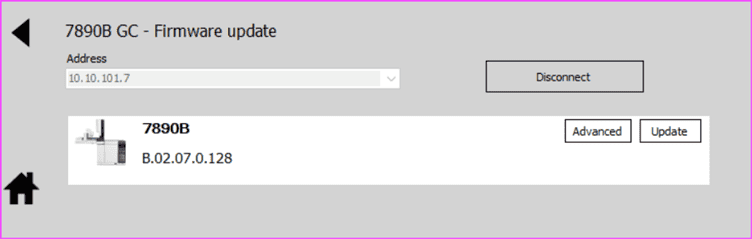 Agilent GC firmware update tool showing completed firmware update for Agilent 7890B