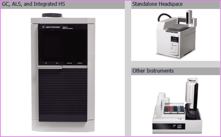 Agilent GC firmware update tool interface showing GC, headspace sampler, and autosampler options