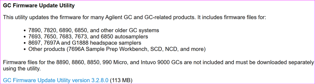 Agilent GC firmware update utility showing the latest version of the firmware update tool