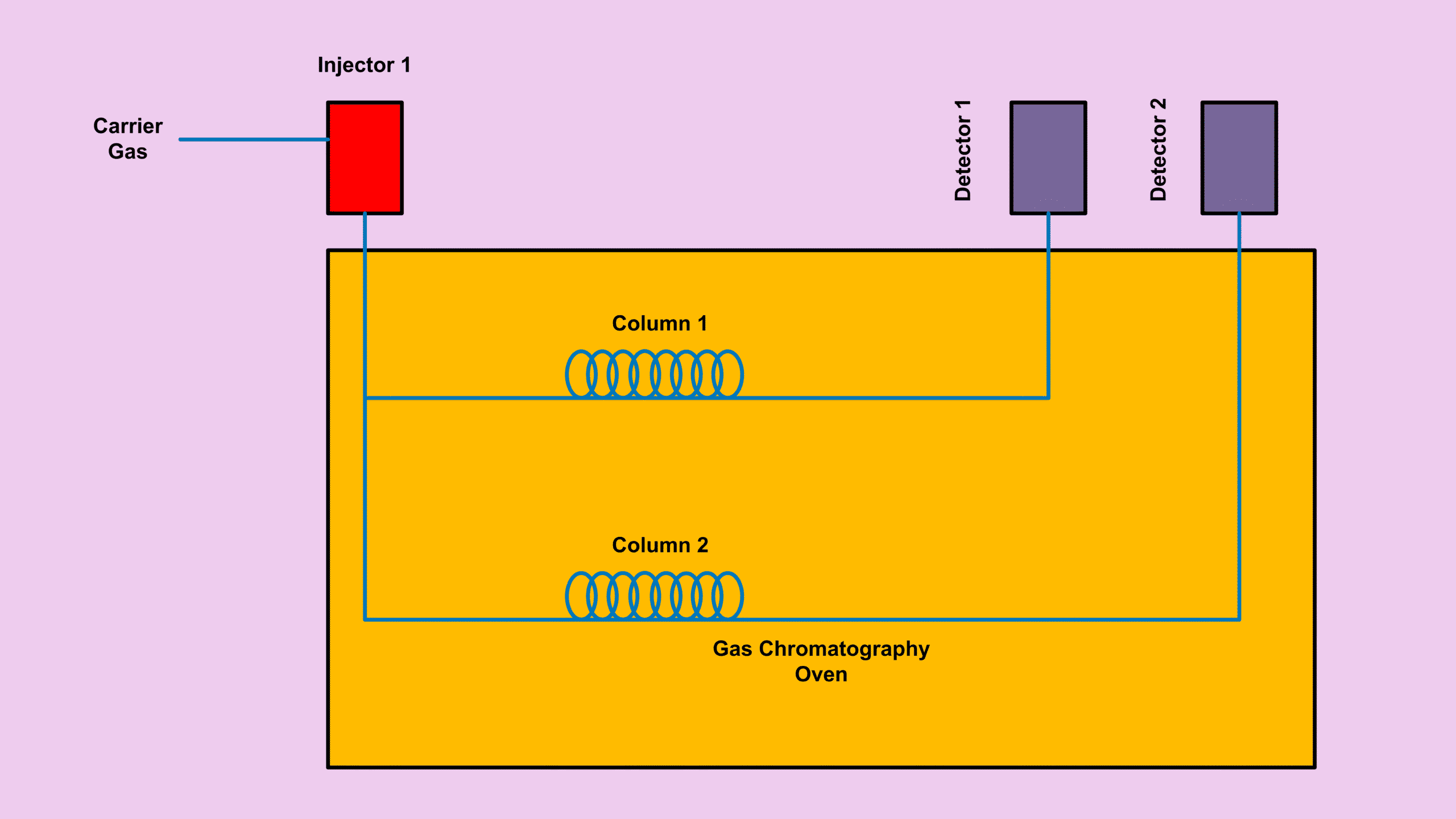 Gas chromatograph block diagram with one carrier gas, one injector, two columns and two detectors.