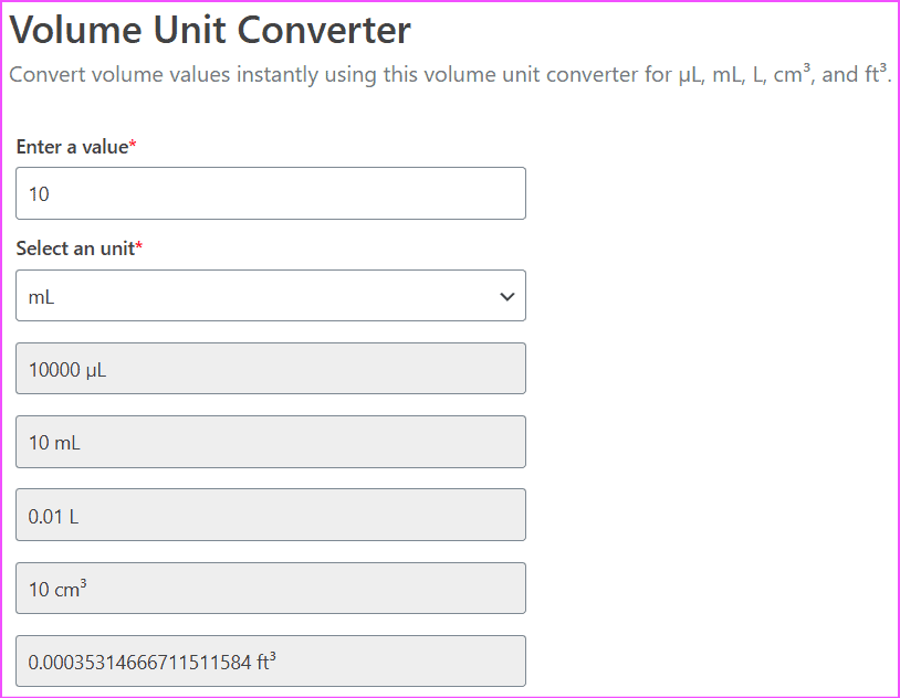 Ml Volume Unit Volume Unit Converter (µL, mL, L, cm³, ft³)