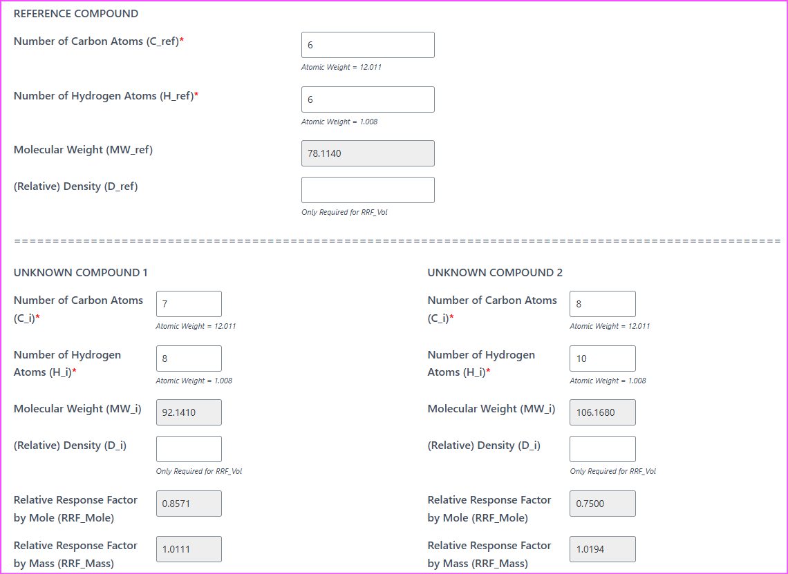 FID RRF Normalization calculator generating mass-based RRF values