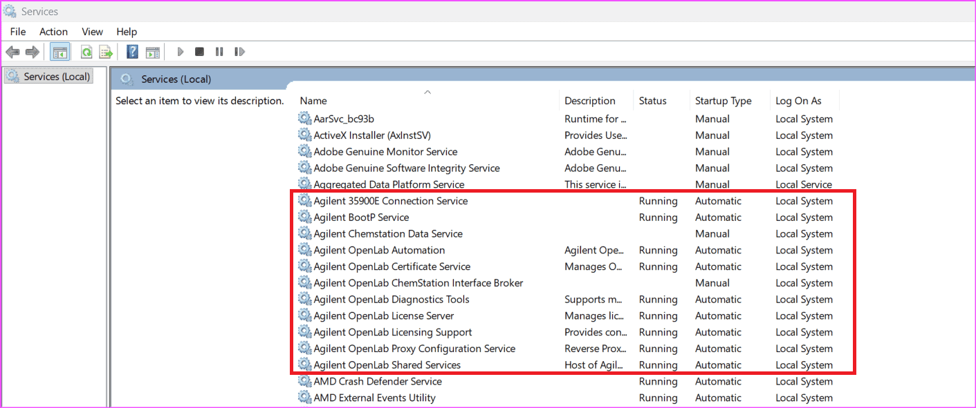 Agilent Services for ChemStation ChemStation server connection failed services list in Windows