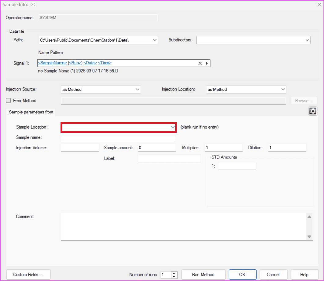 ChemStation blank run example showing empty sample location in Run Control Sample Info
