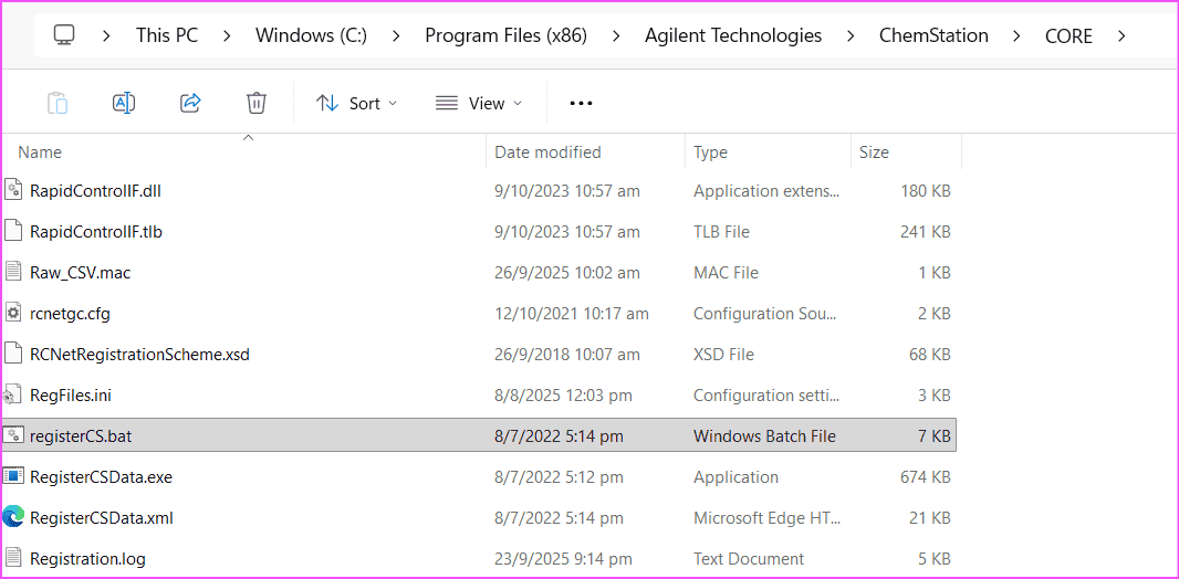ChemStation instrument controller registerCS.bat file location in ChemStation CORE folder