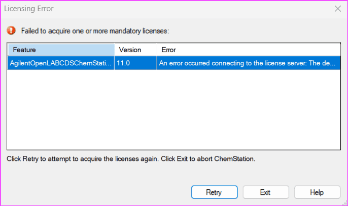 ChemStation license error Failed to acquire mandatory licenses message in OpenLab ChemStation