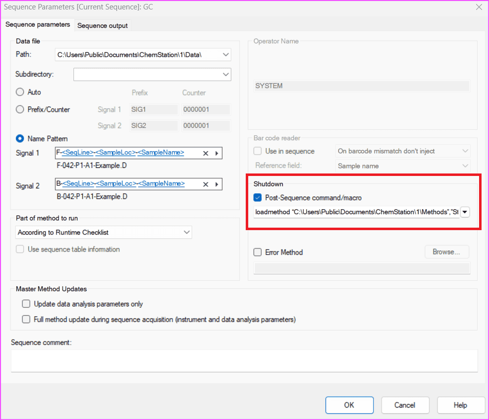 ChemStation sequence command configuration in Sequence Parameters window