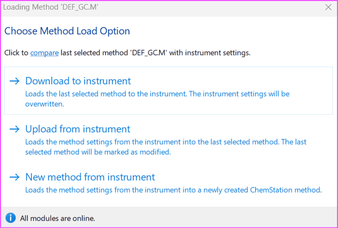 Method Load Options OpenLab GC configuration method load options selection screen