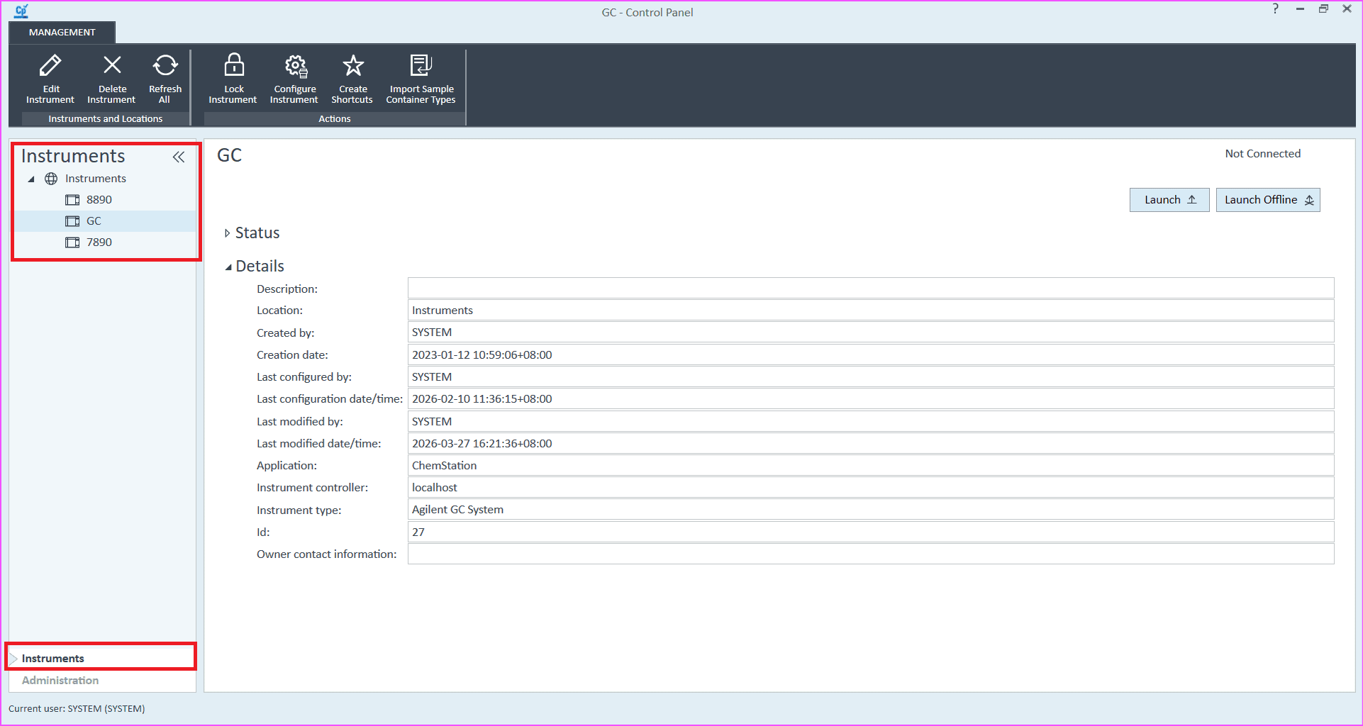 OpenLab Instrument List OpenLab GC configuration instrument list interface showing configured GC systems