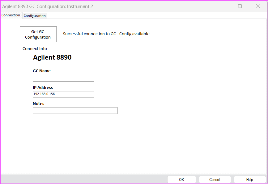OpenLab GC configuration successful connection message after IP setup
