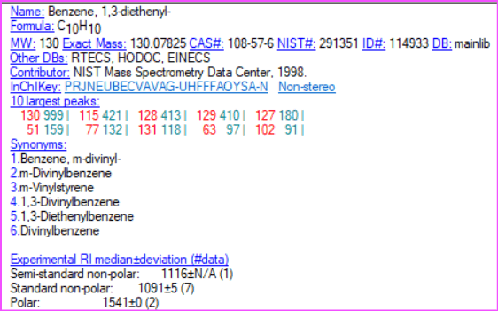 GC retention index reference from NIST library GC retention index NIST library example showing Divinylbenzene
